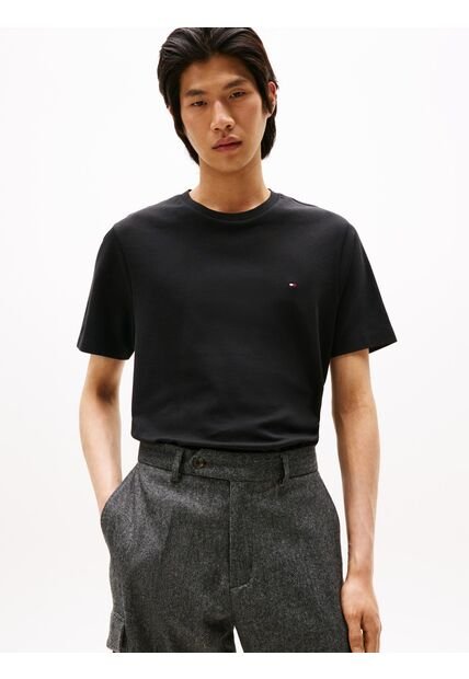 Camiseta Negra De Cuello Redondo Y Punto Interlock Tommy Hilfiger