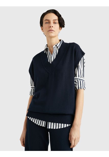 Saco Azul Amplio Manga Corta Con Cuello V Para Mujer Tommy Hilfiger