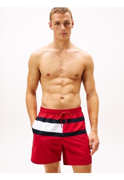 Traje Rojo De Baño De Medio Largo Con Logo Tommy Hilfiger