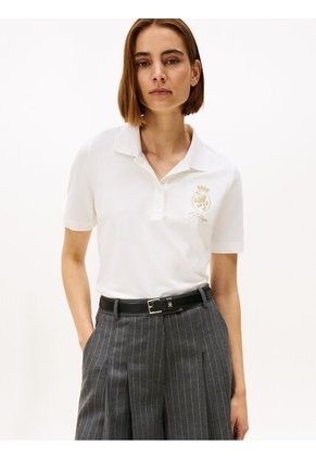Polo Blanco De Corte Regular Con Escudo Bordado Tommy Hilfiger