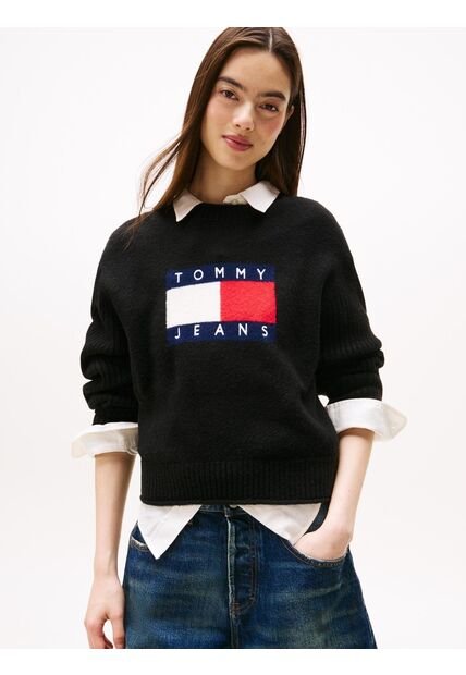 Saco Negro Amplio Jaspeado Con Logo Tommy Jeans