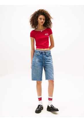Camiseta Roja Tommy Girl Cropped Con Logo Tommy Jeans