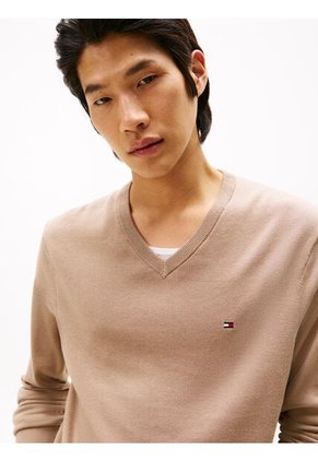 Saco Beige Con Cuello En V Y Logo Bordado Tommy Hilfiger