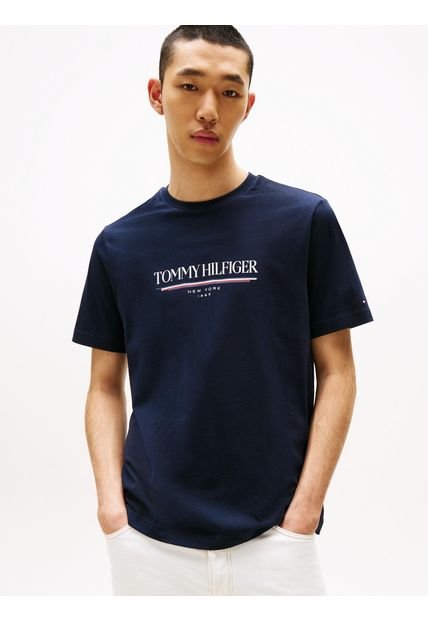 Camiseta Azul De Cuello Redondo Con Logo Tommy Hilfiger