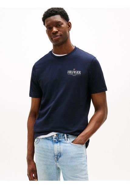 Camiseta Azul De Cuello Redondo Con Logo Tommy Hilfiger