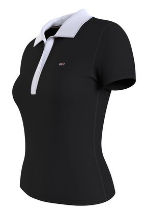 Polo Negro Con Cuello En V Y Detalles Contrastantes. Tommy Jeans