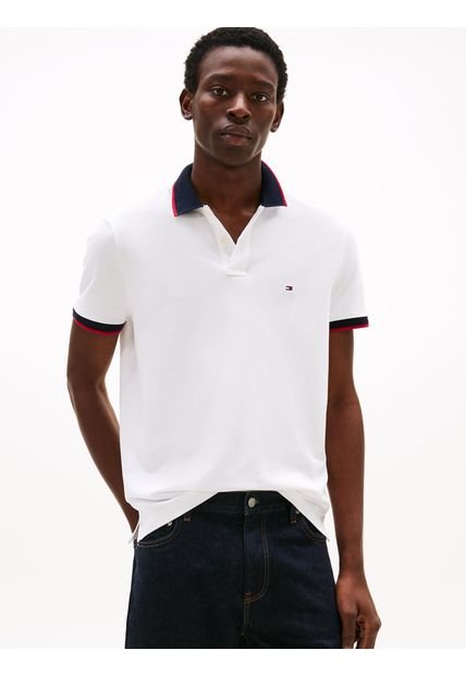 Polo Blanco Con Cuello De Punto A Contraste Tommy Hilfiger