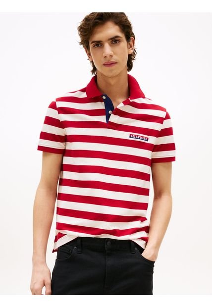 Polo Rojo De Corte Regular Con Diseño De Rayas Tommy Hilfiger