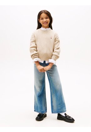 Saco Café Para Niña Amplio De Punto Trenzado Tommy Hilfiger