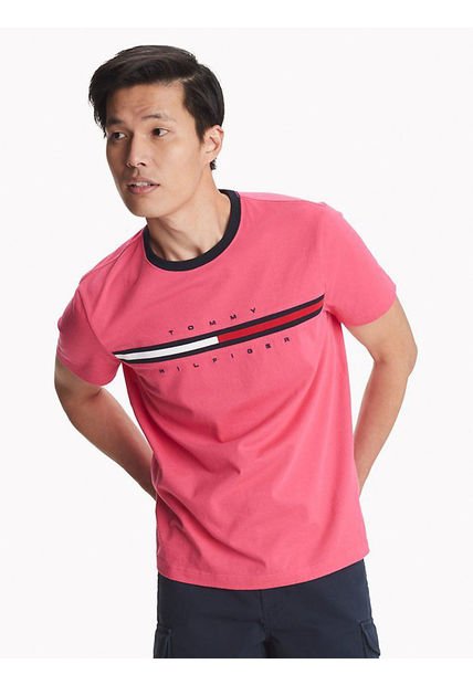 Camiseta Con Logo Bordado Hombre Rosa Tommy Hilfiger