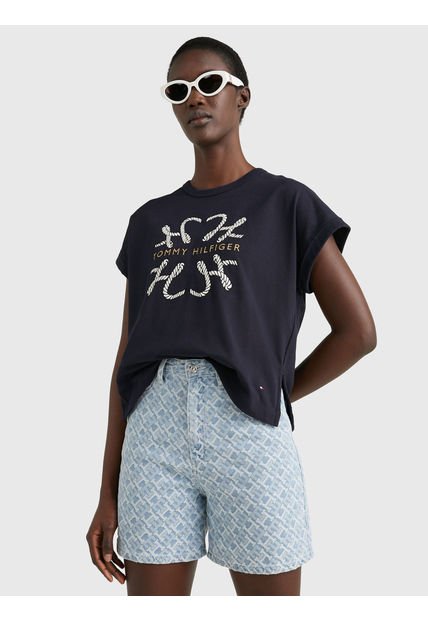 Camiseta De Corte Amplio Con Logo Mujer Azul Tommy Hilfiger