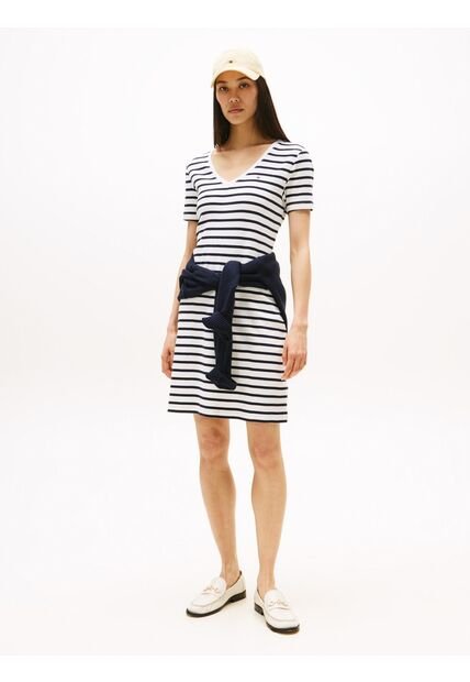 Vestido Blanco AOP Con Ribete De Cuello V Tommy Hilfiger