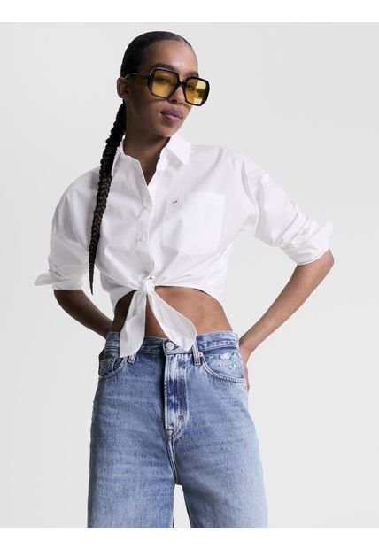 Camisa Cropped De Popelín Mujer Blanco Tommy Jeans