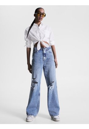 Camisa Cropped De Popelín Mujer Blanco Tommy Jeans