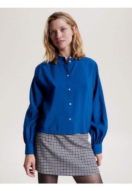 Camisa Sin Cuello Con Corte Cropped Mujer Azul Tommy Hilfiger