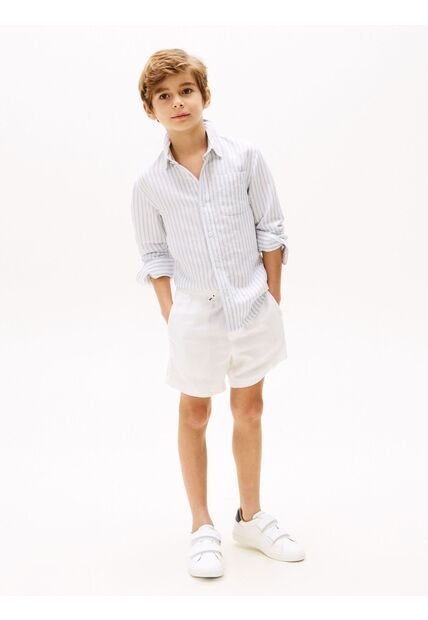 Camisa Celeste De Rayas En Mezcla De Lino Tommy Hilfiger