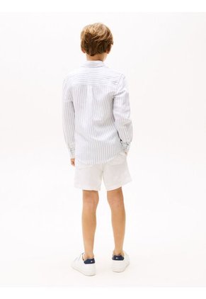 Camisa Celeste De Rayas En Mezcla De Lino Tommy Hilfiger