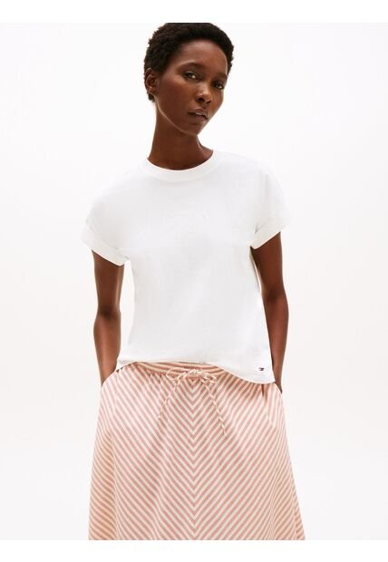 Camiseta Blanca De Cuello Redondo Con Logo Bordado Tommy Hilfiger