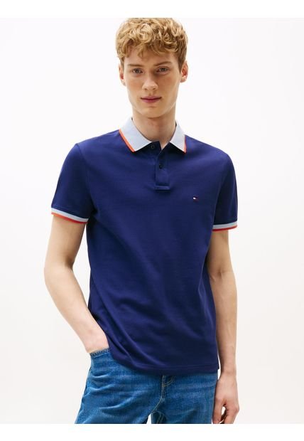 Polo Azul Con Cuello De Punto A Contraste Tommy Hilfiger