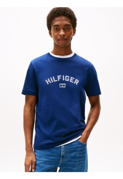 Camiseta Azul Flock Con Logo Estampado Tommy Hilfiger