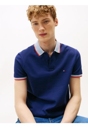 Polo Azul Con Cuello De Punto A Contraste Tommy Hilfiger