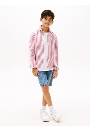 Camisa Roja Para Niño De Rayas En Mezcla De Lino Tommy Hilfiger