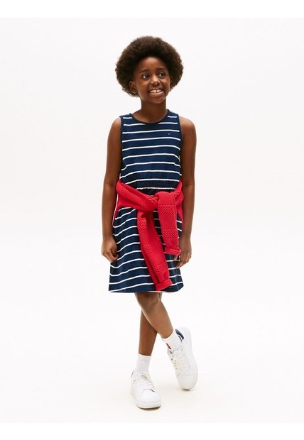 Vestido Azul Para Niña Sin Mangas En Mezcla De Lino Tommy Hilfiger