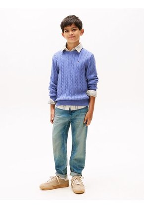 Saco Azul De Punto Trenzado Y Cuello Redondo Tommy Hilfiger