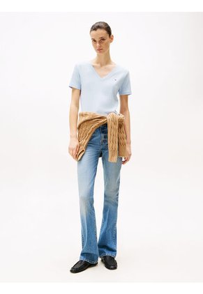 Camiseta Celeste De Rayas Con Cuello En V Tommy Hilfiger