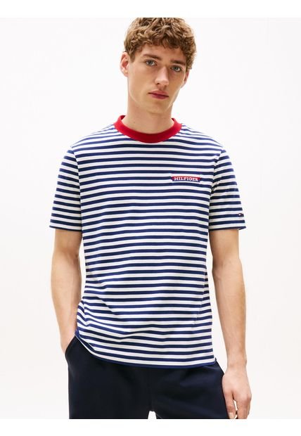 Camiseta Azul Con Logro Gráfico Bordado Tommy Hilfiger