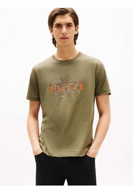 Camiseta Verde De Cuello Redondo Con Logo Tropical Tommy Hilfiger