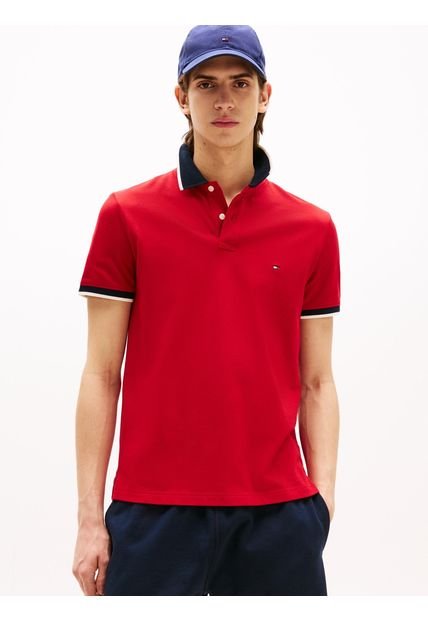 Polo Rojo Con Cuello De Punto A Contraste Tommy Hilfiger