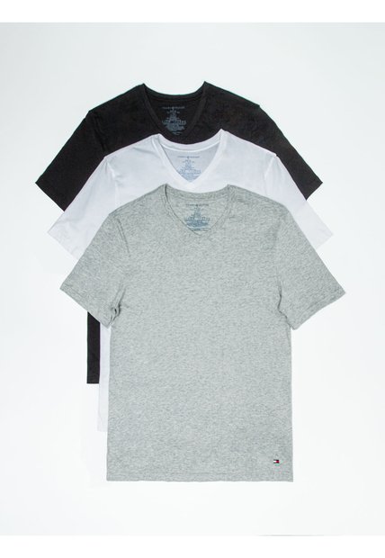 Pack 3 Camisetas Negra Cuello En V Con Logo Tommy Hilfiger