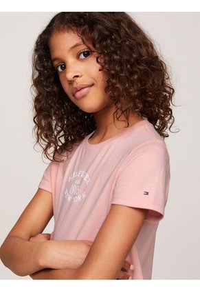 Camiseta Niña Rosada Corte Slim Con Logo Aterciopelado Tommy Hilfiger