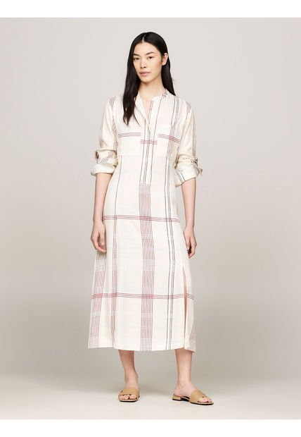 Vestido Beige De Cuadros Midi Con Cinturón Para Mujer Tommy Hilfiger