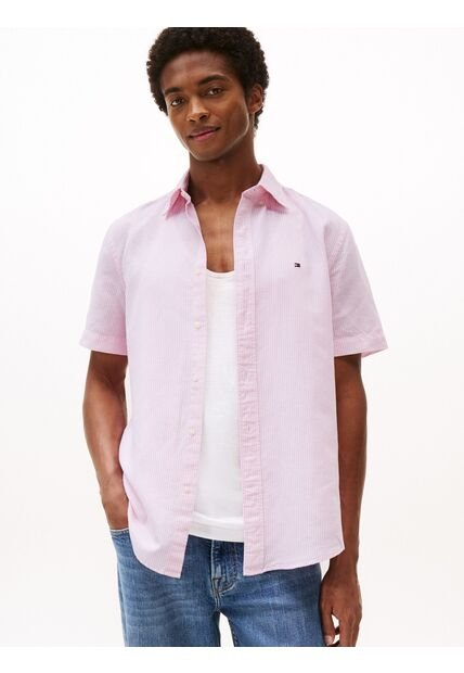 Camisa Rosa De Manga Corta De Lino Tommy Hilfiger