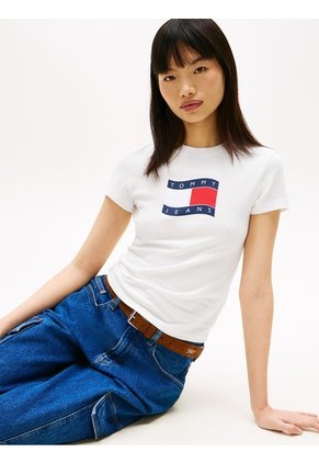 Camiseta Blanca De Punto Slim Con Logo Ondulante Tommy Jeans