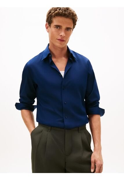 Camisa Azul Twill De Corte Regular Con Cuello Flexible Tommy Hilfiger