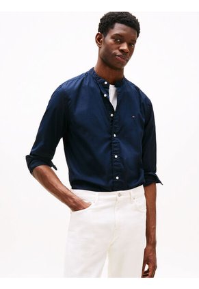 Camisa Azul De Popelín Con Cuello Mao Regular Fit Tommy Hilfiger