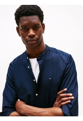 Camisa Azul De Popelín Con Cuello Mao Regular Fit Tommy Hilfiger