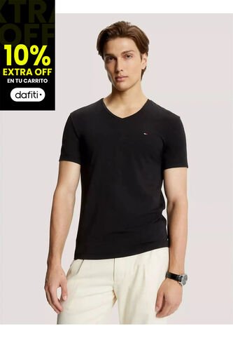 Camiseta Negra Slim Fit Cuello En V Esencial Algodón Tommy Hilfiger