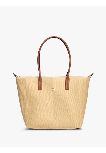 Bolso Beige Tote Popette Raffia Con Insignia Metalizada TH Tommy Hilfiger