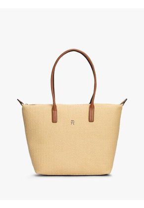 Bolso Beige Tote Popette Raffia Con Insignia Metalizada TH Tommy Hilfiger