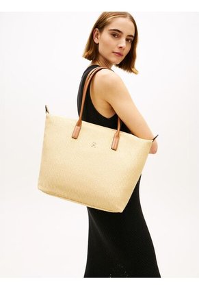 Bolso Beige Tote Popette Raffia Con Insignia Metalizada TH Tommy Hilfiger