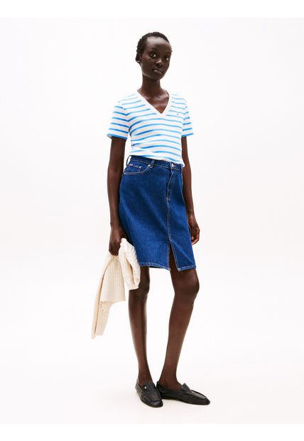 Camiseta Azul De Rayas Con Cuello En V Tommy Hilfiger