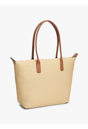 Bolso Beige Tote Popette Raffia Con Insignia Metalizada TH Tommy Hilfiger