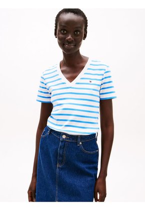 Camiseta Azul De Rayas Con Cuello En V Tommy Hilfiger