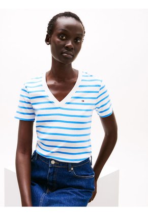 Camiseta Azul De Rayas Con Cuello En V Tommy Hilfiger