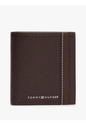 Billetera Marrón Plegable De Cuero Granulada Con Logo Tommy Hilfiger