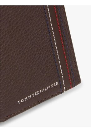 Billetera Marrón Plegable De Cuero Granulada Con Logo Tommy Hilfiger